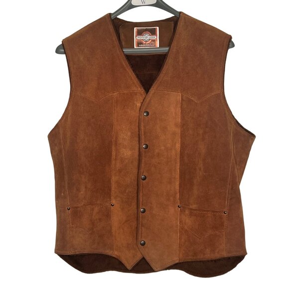 Mens Pioneer Wear Suede Leather Western Vest Size 46 Brown Snap Front Pockets - Picture 1 of 16